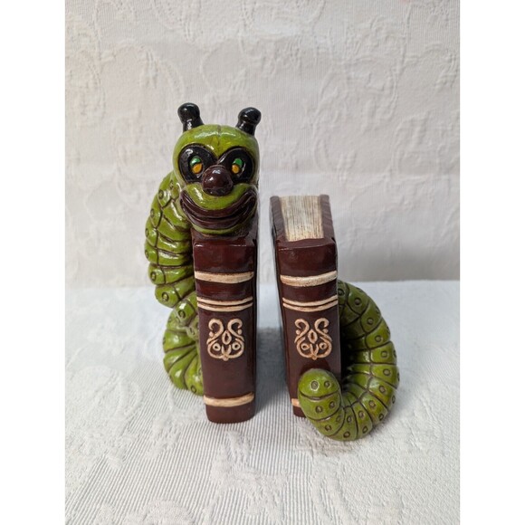 Vintage Book Worm Bookends 3D Heavy Ceramic Retro 1960-70 Hand Painted